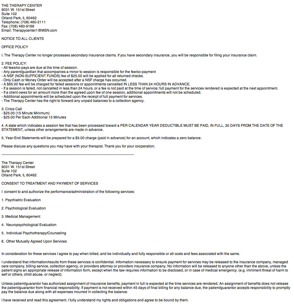 OFFICE POLICY, CONSENT TO TREATMENT, AND PAYMENT OF SERVICES